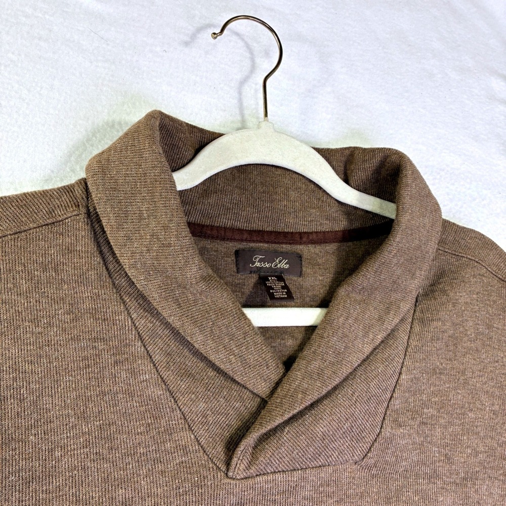 Tasso Elba Mens XXL Brown Shawl Collar Pullover Faux Suede Trim Cotton Knit